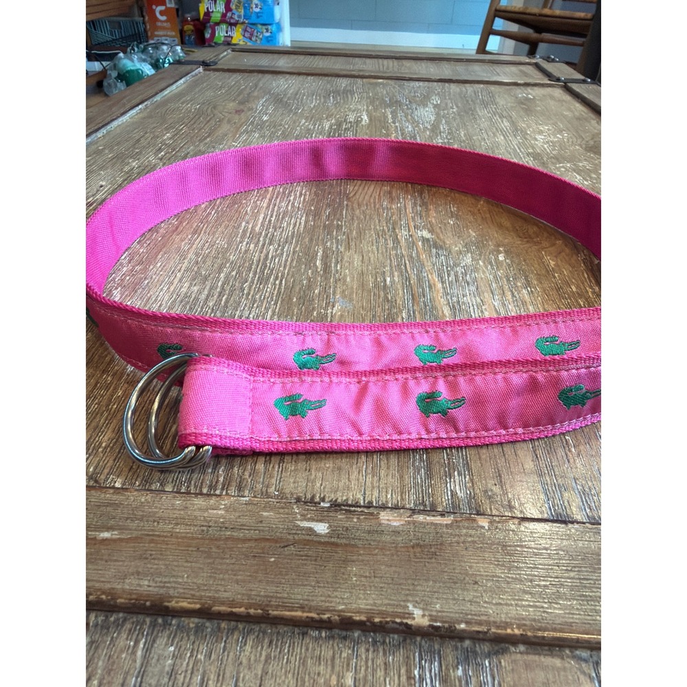 Lacoste Pink Webbing D-Ring Belt with Green Crocodile Logo Embroidery